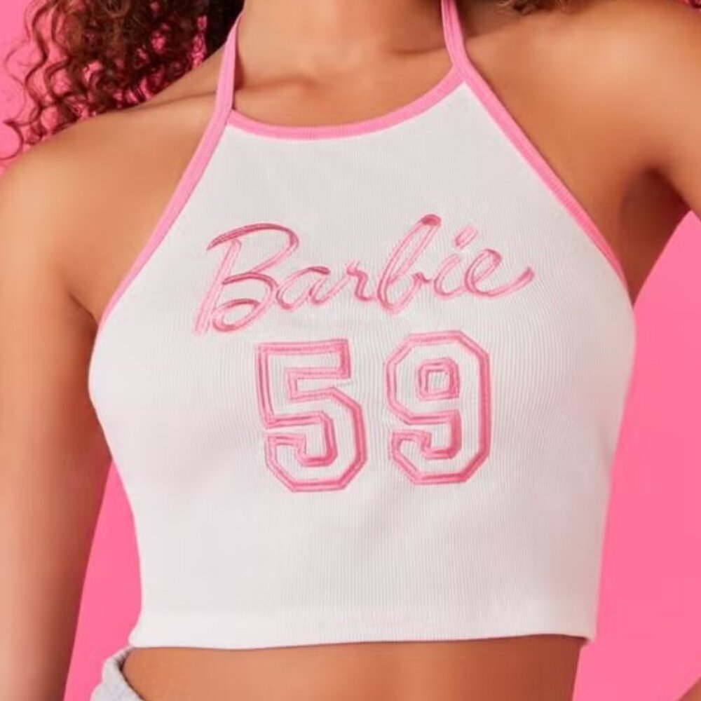Forever 21 Barbie Collab Exclusive Pink White Cropped '59 Halter Crop Top